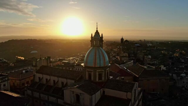 Aerial shot of the Cathedral in Caltagirone by sunrise, Sicily