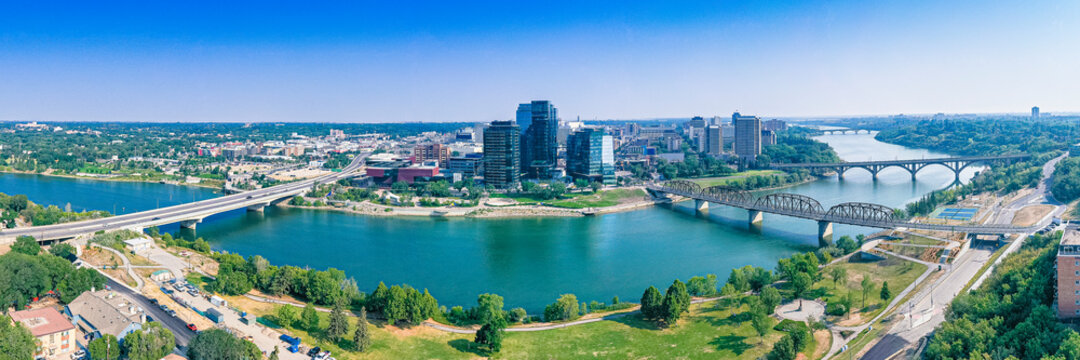 Aerial Drone View of the city of Saskatoon in Saskatchewan, Canada