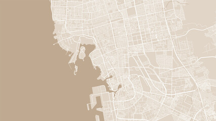 Yellow Jeddah City area vector background map, streets and water cartography illustration.