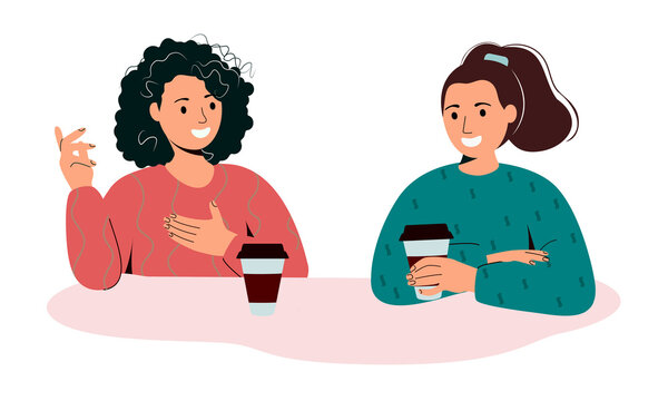 Young people with hot drinks talking during a coffee break. Smiling women chatting. Colored flat vector illustration isolated on white background.