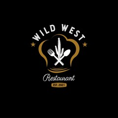 Obraz premium Desert Restaurant Logo. With cactus, spoon, fork, and chef hat icon. On brown, white, and black colors. Vintage, premium, and luxury vector illustration