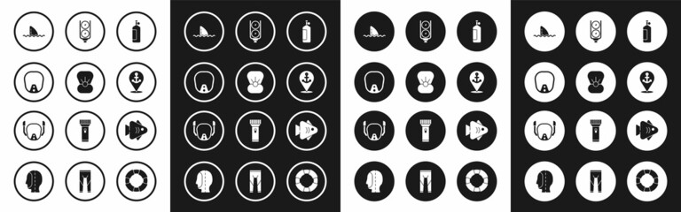Set Aqualung, Shell with pearl, Diving mask, Shark fin ocean wave, Location anchor, Gauge scale, Fish and icon. Vector