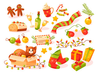 Christmas set of cartoon elements. Gifts, Christmas balls, garlands, gingerbread, cupcakes, champagne and other Christmas symbols. Cute icons to decorate for Christmas and New Year.