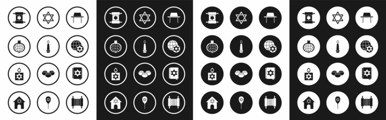 Set Orthodox jewish hat, Burning candle, Pomegranate, Torah scroll, World Globe Israel, Star of David, Jewish torah book and icon. Vector