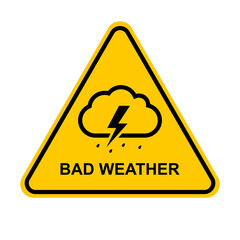 Bad weather. Yellow bad weather warning sign. Downpour, rain, thunderstorm, lightning, hurricane, storm, typhoon, hail, wind, precipitation. Vector illustration. - obrazy, fototapety, plakaty