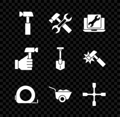 Set Hammer, and wrench, Laptop service, Roulette construction, Wheelbarrow, and Shovel icon. Vector