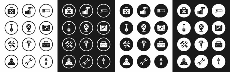 Set Hand saw, Location with wrench, Shovel, Toolbox, Graphing paper, Hammer, and icon. Vector