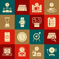 Set Ringing alarm bell, Calendar search, To do list or planning, Project time, Wrist watch, Old hourglass with sand, Time Management and From 9 icon. Vector