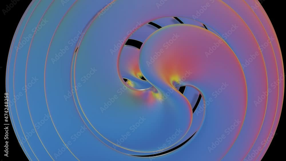 Poster a silvery metallic three-dimensional shape spirals and rotates against a black background. abstract 