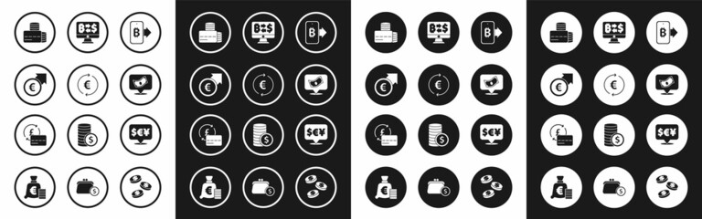 Set Mining bitcoin from mobile, Coin money with euro symbol, Financial growth and, Credit card, Stacks paper cash, Cryptocurrency exchange, Currency and icon. Vector
