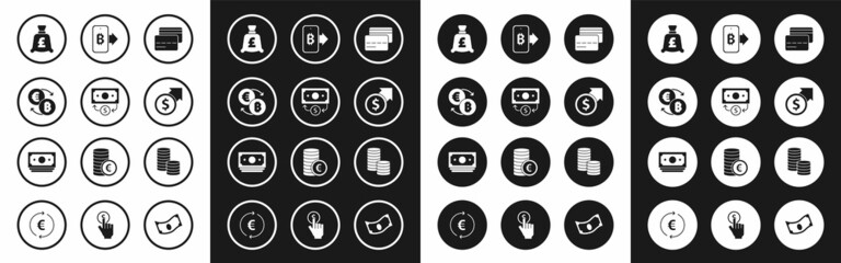 Set Credit card, Stacks paper money cash, Cryptocurrency exchange, Coin with pound, Financial growth and dollar, Mining bitcoin from mobile, and icon. Vector