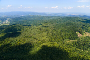 Aerial view of mountain hills covered with dense green lush woods on bright summer day
