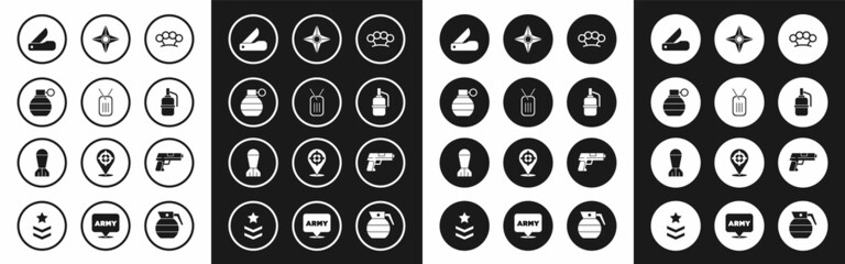 Set Brass knuckles, Military dog tag, Hand grenade, Swiss army knife, Japanese ninja shuriken, Pistol or gun and Aviation bomb icon. Vector