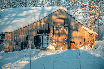 Fototapeta na wymiar The sun shines in winter On an abandoned old barn