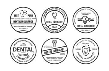 Obraz premium Dental insurance rounded monochrome stamp set vector illustration stomatology medical treatment