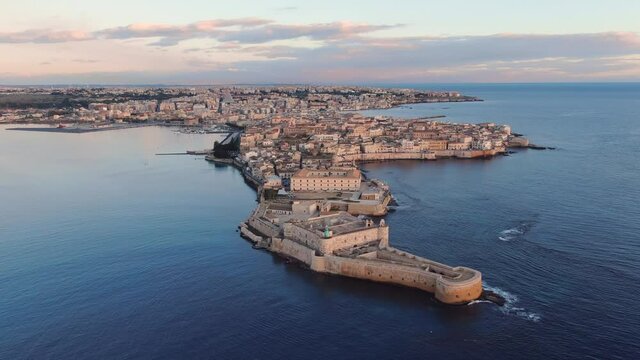 Aerial shot of the port of Ortigia island Syracuse, Sicily