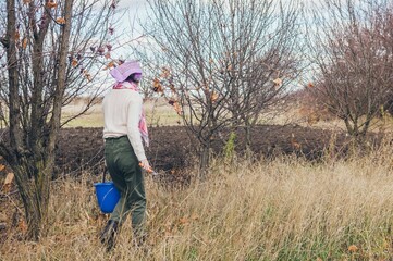 Girl with pruner and bucket in hands walks in dry grass
