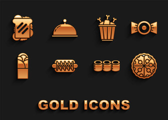Set Hotdog sandwich, Candy, Pizza, Sushi, Doner kebab, Chicken leg in package box, Sandwich and Covered with tray icon. Vector