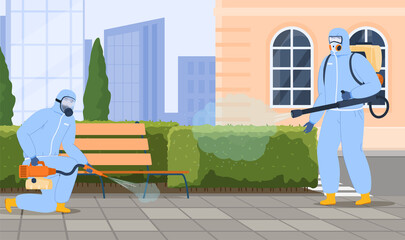 Street disinfection spraying poison from pests vector flat illustration sanitizing and disinfectant