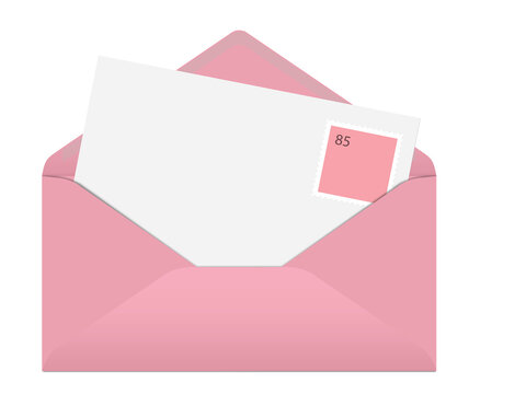 Briefumschlag mit leerer Karte und Briefmarke vor weißem Hintergrund, isoliert, 3D-Illustration