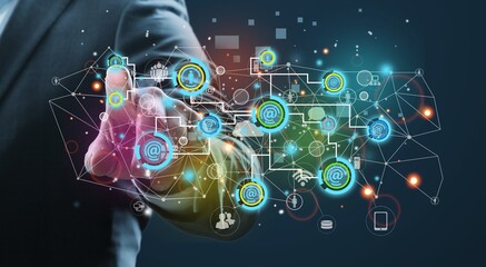 Digital technology, Ai Artificial Intelligence, big data, digital transformation. Scientist touching tech icons