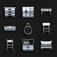Set Mirror, Library bookshelf, Big bed, Chair, Furniture nightstand, Office desk and icon. Vector