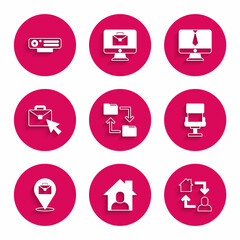 Set Cloud storage document folder, Online working, Office chair, Video chat conference and Web camera icon. Vector