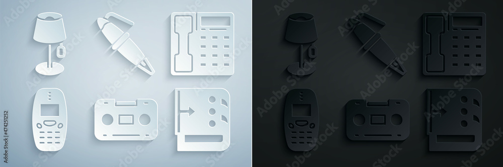 Poster Set Retro audio cassette tape, Telephone handset, Old mobile, Sound mixer controller, Fountain pen nib and Floor lamp icon. Vector