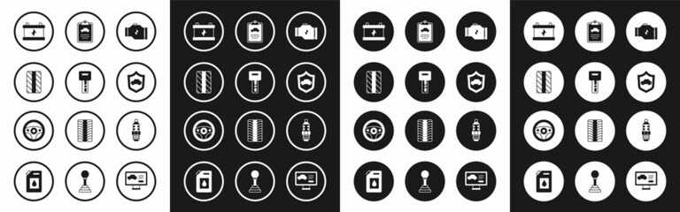 Set Check engine, Car key with remote, tire wheel, battery, shield, inspection, spark plug and Steering icon. Vector