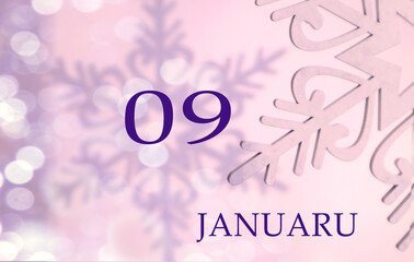Calendar for January 9: name of the month in English, number 09 on a pastel background of snowflakes and shadows from them, bokeh