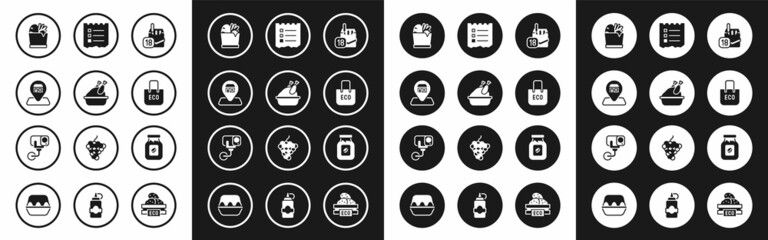 Set Cigarettes pack box, Roasted turkey or chicken, Location Market store, Shopping bag and food, with recycle, list, Coffee jar bottle and Security camera icon. Vector