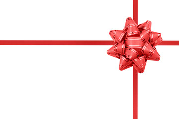 Red ribbon bow isolated on white background. Christmas ornaments, holiday decor, presents wrapping.