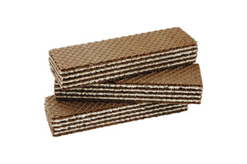 Chocolate wafer stick cookies isolated on white background.