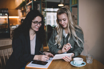 Smiling women meeting in cafe for work