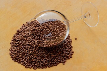 
Lying wine glass with a scattering of grape seeds on a wooden texture background