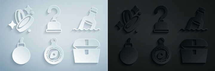 Set Compass, Bottle with message in water, Bomb ready to explode, Antique treasure chest, Pirate hook and coin icon. Vector