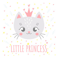 Cute card with little cat princess portrait. Funny animal cartoon character in simple hand-drawn Scandinavian style. Ideal for postcard, room posters, kids t-shirts. Vector illustration isolated on