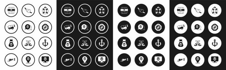 Set Lifebuoy, Skull, Cannon, Antique treasure chest, Compass, Pirate eye patch, Anchor and coin icon. Vector