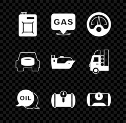 Set Canister for motor oil, Location and gas station, Motor gauge, Word, Gas tank vehicle, Spare wheel in the car and Oil tanker ship icon. Vector