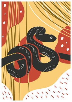 Abstract snake silhouette. Fast and agile animal, mammal on bright African background. Stylish multicolored patterns. Zoo cards, nature, exotic. Colorful, vivid cartoon flat vector illustration