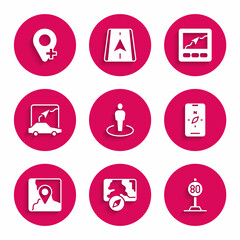 Set Location with person, City map navigation, Speed limit traffic, Compass mobile, Folded location marker, Gps device and icon. Vector