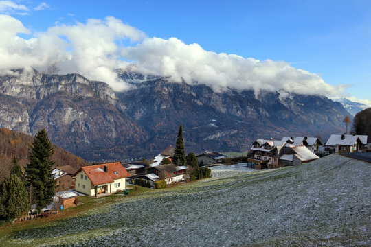 Flumserberg - resort area in the Swiss Alps. Small alpine village in the fall. Canton of St. Gallen, Glarus Alps region, Switzerland, Europe.