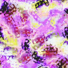 Messy summer tie dye batik beach wear pattern. Seamless colorful stain space dyed effect fashion. Washed out soft furnishing background. 