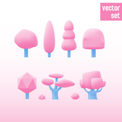 Cartoon kawaii trees vector set. 3D style illustration.