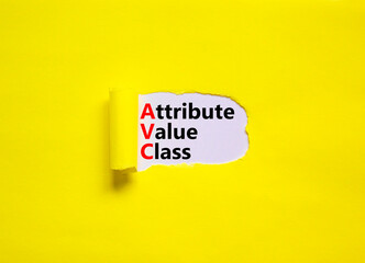 AVC attribute value class symbol. Concept words AVC attribute value class on white paper. Beautiful yellow background, copy space. Business and AVC attribute value class concept.