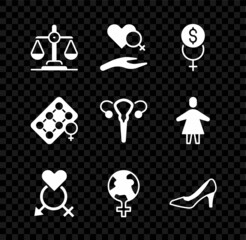 Set Gender equality, Heart with female gender, Feminism finance, the world, Woman shoe, Packaging of birth control pills and Female reproductive system icon. Vector