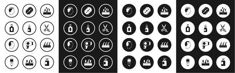Set Oil for hair care treatment, bottle, Bottle of shampoo, Hairstyle, Scissors hairdresser, Blade razor, Human follicle and Baldness icon. Vector