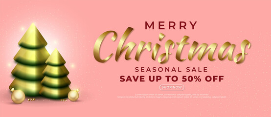 Realistic merry christmas sale banner text calligraphic lettering with christmas element decoration