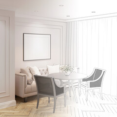 A sketch becomes a real modern classic dining room with a blank horizontal poster over a sofa with pillows, tulips in a vase on a round wooden table, wooden chairs, curtains near the window. 3d render