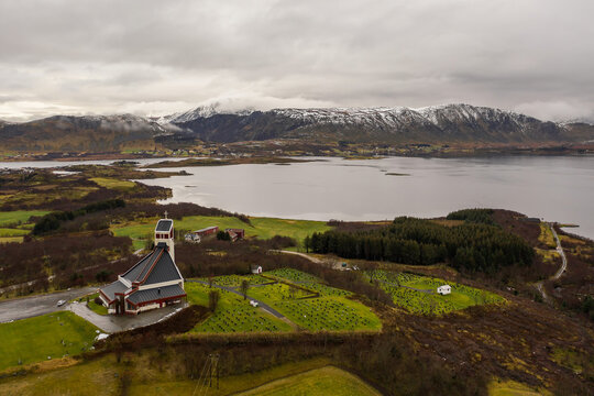 Aerial view of Borge menighet. Church of Borg on Lofoten Islands, Norway. Perfect place, graveyard.